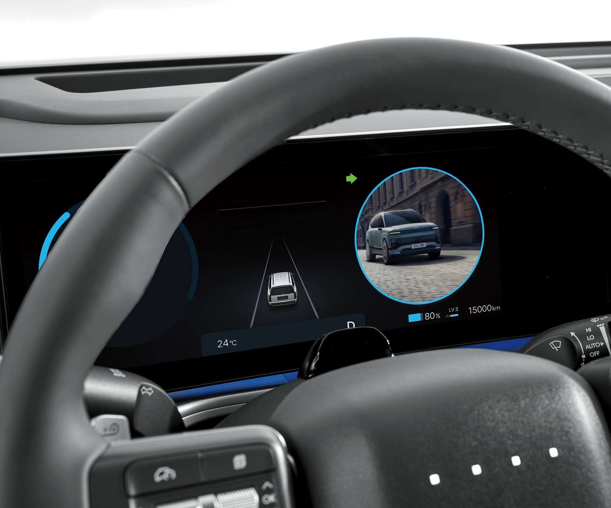 Blind-Spot View Monitor in the digital cluster of the Hyundai IONIQ 9. 